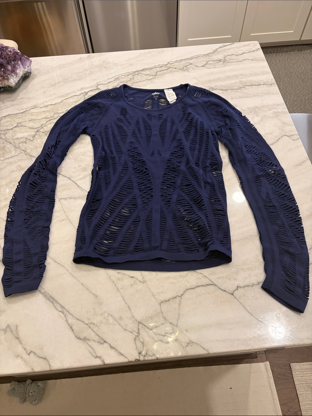 ALO Yoga Navy Distressed Cutout Long Sleeve Top SZ M